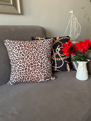 Empressco Leoparlı Zincirli 2'li Kırlent Kılıfı, Yılbaşı ve Yeni Yıl Dekoru, 43X43 cm