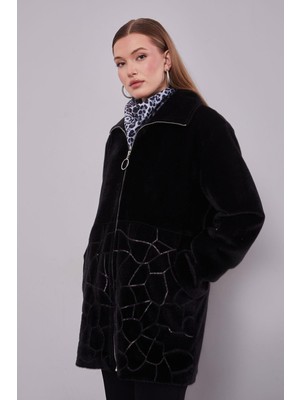 Levidor Siyah Pullu Desen Midi Kaban