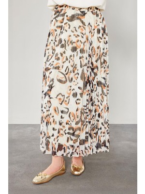 Levidor Camel Leopar Desenli Pileli Etek