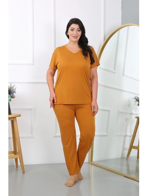 Çamaşır Kenti Kadın Büyük Beden Kısa Kol Penye Pijama Takımı Hardal