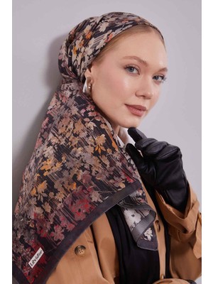Lêvi D'or Füme Çiçekli Soyut Desen Twill İpek Eşarp