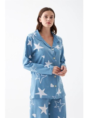 Çamaşır Kenti Kadın Mavi Yıldız Desenli Düğmeli Pamuklu Pijama Takımı
