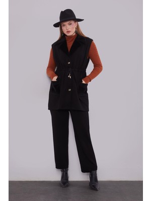 Lêvi D'or Siyah Kürk Yaka Detaylı Yelek Takım