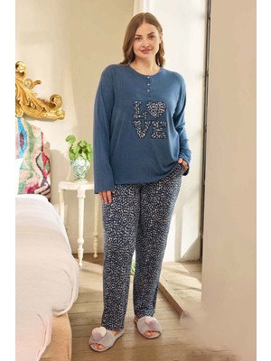 Aydoğan Büyük Beden Kadın Yazılı Uzun Kol Pijama Takımı 240684 Lacivert