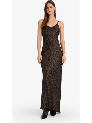 DeFacto Slim Fit Dar Kesim Leopar Desenli Viskon Askılı Maxi Abiye Elbise E2978AX24WN