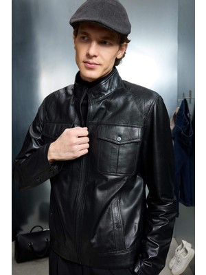 DeFacto %100 Deri Premium Slim Fit Dar Kesim Dik Yaka Astarlı Fermuarlı Mont G5569AX25WN