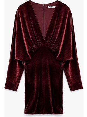 Koton Uzun Kollu V Yaka Drapeli Dökümlü Bodycon Mini Kadife Abiye Elbise