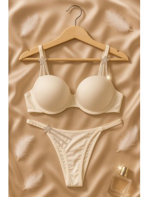 Taş Detaylı Beyaz Push Up Sütyen Takımı