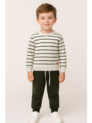 Zepkids Bisiklet Yaka Çizgi Desenli Haki Renk Erkek Çocuk Eşofman Takım