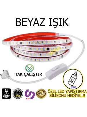 Elektroled Market 220V Şerit LED(BEYAZ IŞIK) 3 METRE  120 Ledli Yüksek Işık Fişli Anahtarlı Tak Çalıştır Dış Mekan Yapışkanlı
