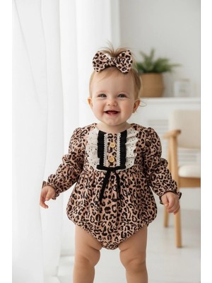 Aysskids Grace Leopar Desenli Uzun Kollu Dantel Detaylı Fiyonklu Kız Bebek Romper