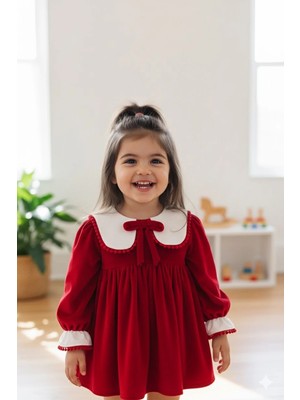 Aysskids Valery Kız Bebek Kırmızı Kadife Uzun Kollu Özel Gün Bayramlık Elbise