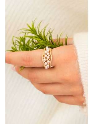 Trend Collection Altın Renk Inci ve Zirkon Taşlı Dalga Form Vip Ayarlanabilir Kadın Yüzük