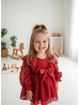 Aysskids Lola Kız Bebek Pembe Dantel Detaylı Uzun Kollu Özel Gün Bayramlık Abiye Elbise