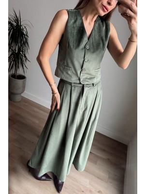 Sue Store Yeşil Ince Fitilli Yelek Etek Kadife Takım