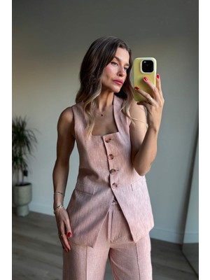 Sue Store Pudra Pembesi Düğmeli Premium Keten Pantolon Takım