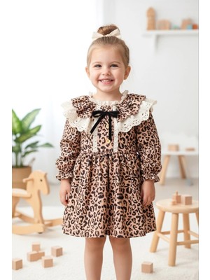 Aysskids Diva Leopar Dantel Yaka Detaylı Uzun Kollu Etekli Kız Çocuk Elbise