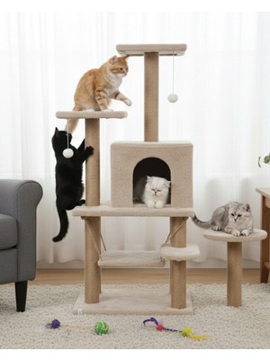 Reyo Y01 Salıncaklı Yuvalı Lüx Kedi Tırmalama Oyun Evi Bej