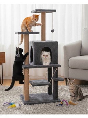 Reyo Y01 Salıncaklı Yuvalı Lüx Kedi Tırmalama Oyun Evi Antrasit