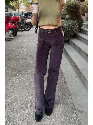 Denim Trip Bootcut Fit Yüksek Bel Mürdüm Mor Kadın Kadife Pantolon