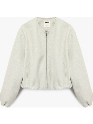 Koton Kaşe Bomber Ceket Crop Bisiklet Yaka Fermuarlı Cepli Uzun Kollu