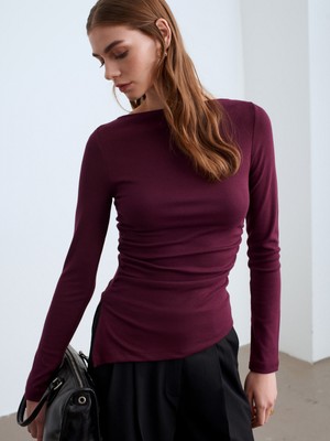 Dilvin 32198 Kayık Yaka Büzgülü Top-Bordo