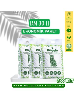 Pugalo Ekonomik Paket 3X10LT Tozsuz Naturel Premium Koku Hapseden Topaklanan Kedi Kumu 30LT