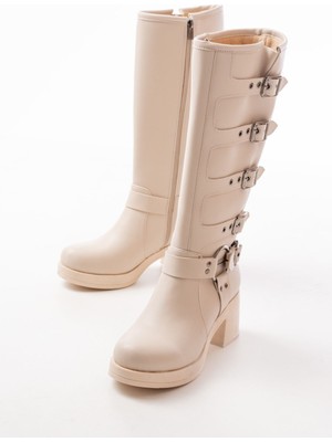 Zerenyus ZRİN-3015 Premium Bej Topuklu Fermuarlı Toka Aksesuarlı Kadın Çizme