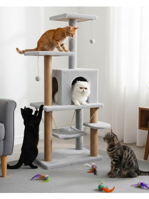 Reyo Y01 Salıncaklı Yuvalı Lüx Kedi Tırmalama Oyun Evi Gri