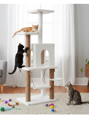 Reyo Y01 Salıncaklı Yuvalı Lüx Kedi Tırmalama Oyun Evi Beyaz