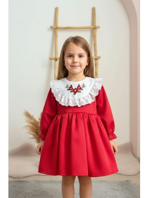 Alyra Kids Kız Çocuk Elbise Kız Bebek Uzun Kollu Çiçek Nakışlı Astarlı Kabarık Özel Gün Doğum Günü Parti Düğün Saten Elbise Bebek Giyim Kırmızı ALY0230