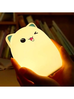 Kedi Figürlü Silikon LED Gece Lambası – USB Şarjlı, Dokunmatik, Yumuşak Işık (Çocuk & Bebek Odası)
