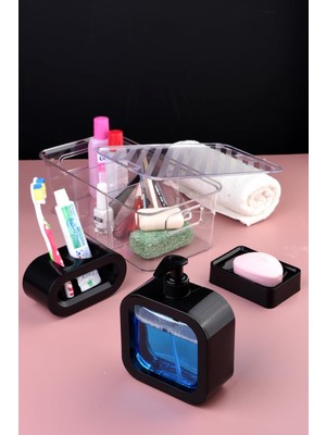 Storemax Tasarım 4 Parça Aksesuar Seti Modern Hafif Lüks Yıkama Kabı Aksesuarları Seti Losyon Şişeleri, Diş Fırçası Tutacağı, Diş Kupası, Sabunluk Siyah