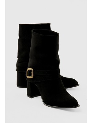 Mubiano Kadın Süet Bot Gold Tokalı Topuklu Siyah Silva