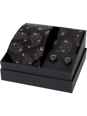 Esgue 8 cm Hand Made Siyah Kahverengi Damla Desen Kravat Mendil & Kol Düğmesi Hediye Seti HSET:130