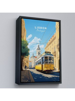 Oxyteez Ahşap Çerçeveli Portekiz Lizbon Sarı Tramvay TABLOSU-7972