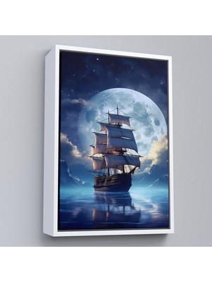 Oxyteez Ahşap Çerçeveli Gece Denizdeki Yelkenli TABLOSU-7933