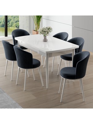 Canisa Asfel Serisi Mdf 77X130 Beyaz Yandan Açılabilir Mutfak Masa Takımı 6 Antrasit Sandalye