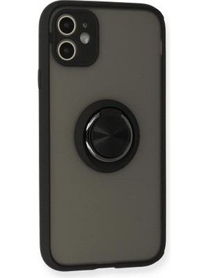 Storemax Ggm Aksesuar 11 ile Uyumlu Arka Kısmı Mat Şeffaf Yapıya Sahip Manyetik Yüzük Stantlı Kenarları Silikon Tpu Malzemeden Üretilmiş Renkli Tuşlara Sahip Kamera Korumalı Transparan Kılıf (Siyah)