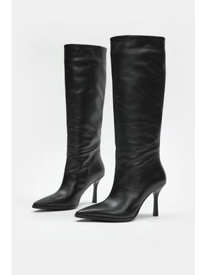 Nilufarr Melodi Siyah Hakiki Deri Topuklu Çizme