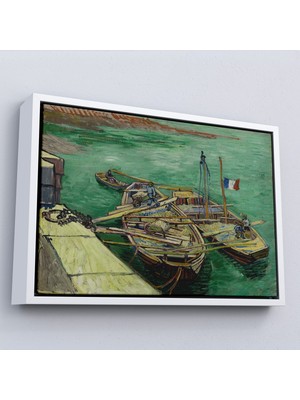 Oxyteez Ahşap Çerçeveli Vincent Van Gogh - Kum Mavnalarını Boşaltan Adamlarla Rıhtım TABLO-7185