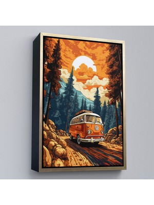 Oxyteez Ahşap Çerçeveli Retro Volkswagen Minibüs ve Manzara TABLOSU-7811