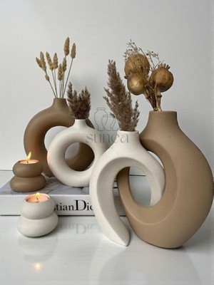 Sunea Dekoratif Sevgili Sarmaşık Vazo Set, Halka Vazo Tealight Mumluklu Set, Dekoratif Obje & Biblo Set