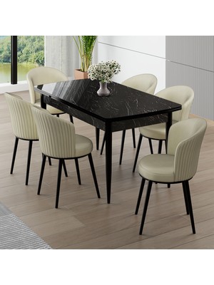 Canisa Asfel Serisi Mdf 77X130 Siyah Mermer Desen Yandan Açılabilir Mutfak Masa Takımı 6 Krem  Sandalye