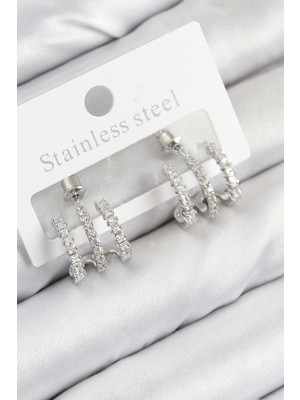 Pirinç Zirkon Taşlı Gümüş Renk Kadın Küpe