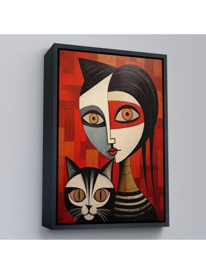 Oxyteez Ahşap Çerçeveli Pablo Picasso Tarzı - Soyut Renkli Kadın ve KEDITABLO-7376