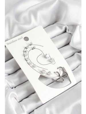 316L Çelik Kalp Figürlü ve Zirkon Taşlı Gümüş Renk 7'li Çift Kadın Küpe Set