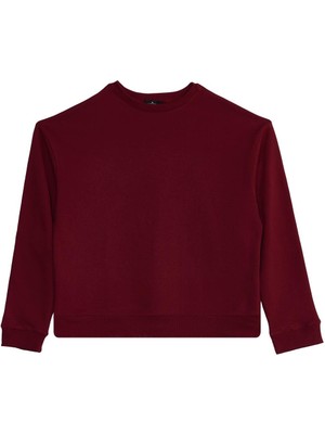 Tudors Kadın Oversize Geniş Kesim Pamuklu Bisiklet Yaka Bordo Sweatshirt