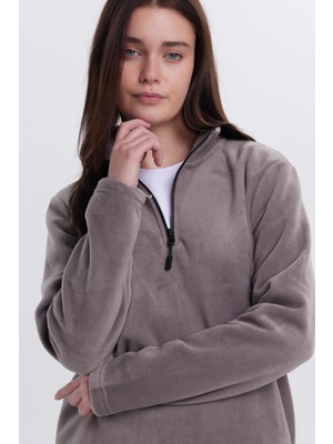 Tudors Kadın Standart Fit Anti-Pilling Tüylenme Yapmayan Soğuk Geçirmez Açık Gri Bato Yaka Polar Sweatshirt