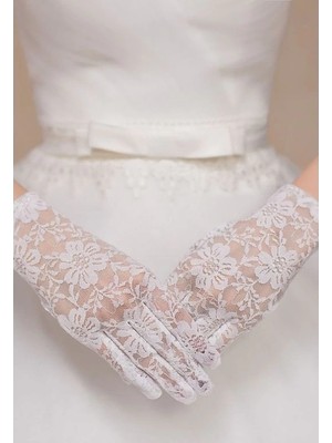 Beyaz Renk Kısa Dantelli Eldiven